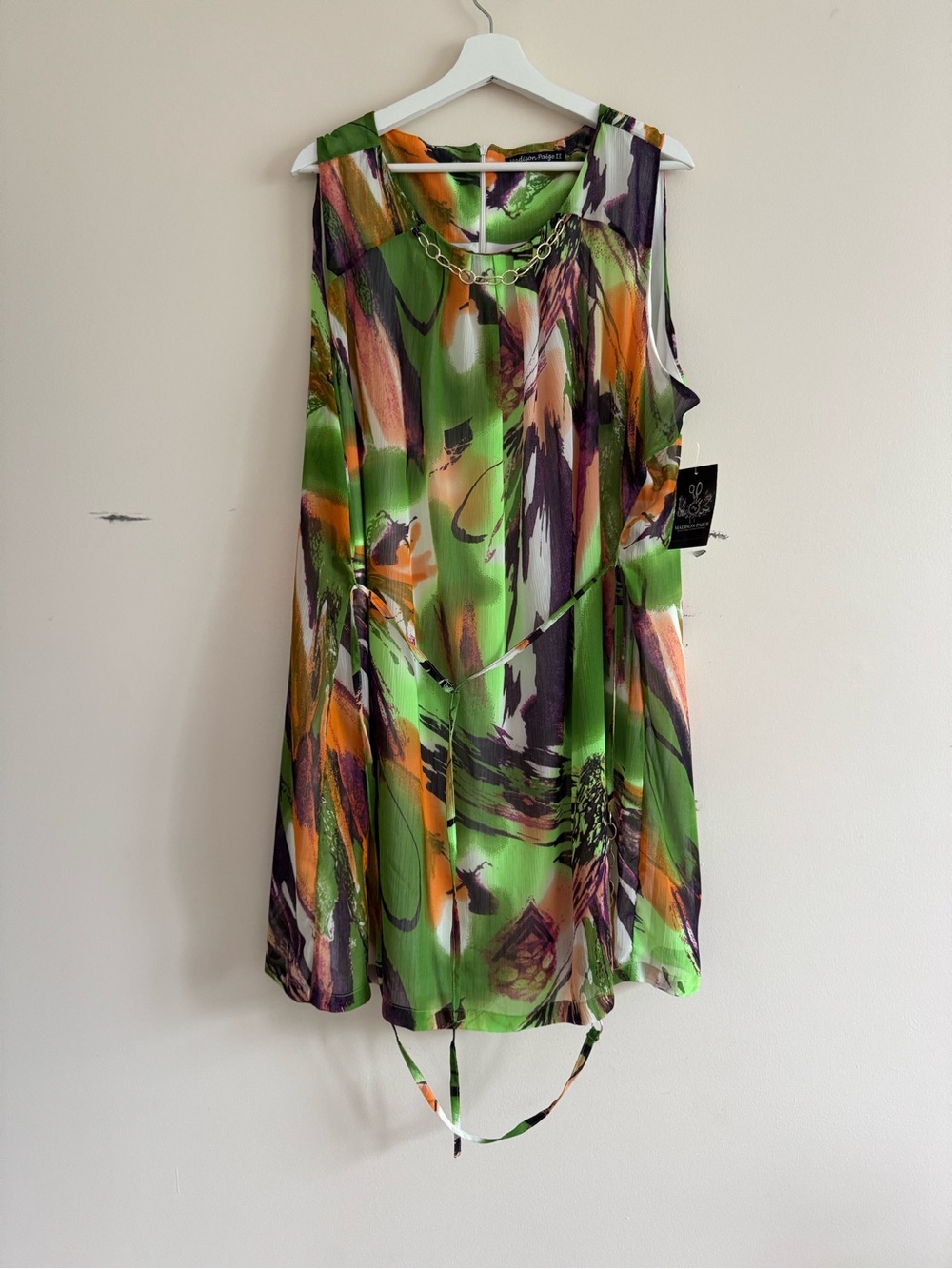 Green Abstract Strapless Summer Dress with Orange & Purple Accents